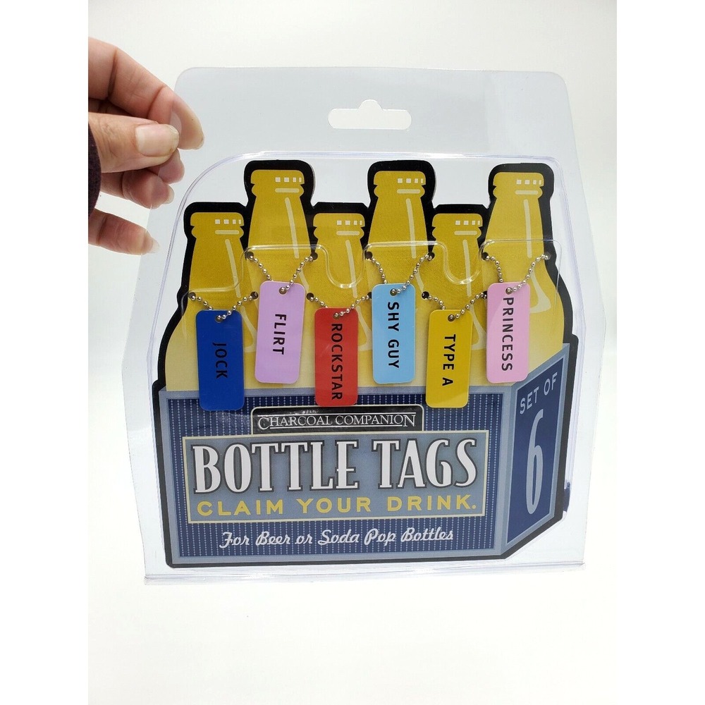 Charcoal Companion Bottle Tags Set of 6 Drink Markers Metal Multicolor NEW